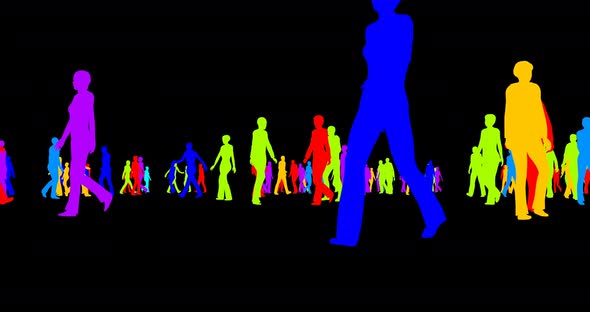 Colored Silhouettes of a Crowd of People on a Black