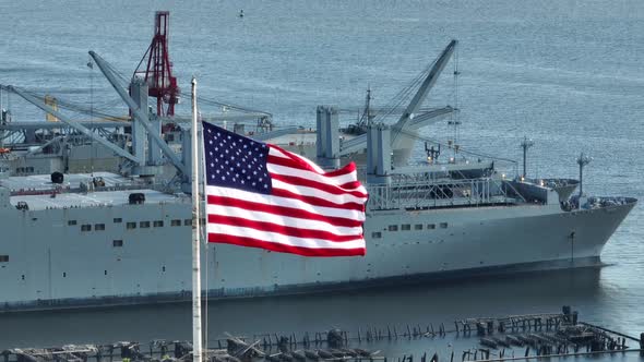 USA navy ship. Military battleship. Cargo and freight logistics theme in America.