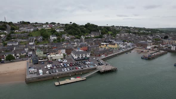 Youghal seaside resort town in County Cork, Ireland panning drone aerial view