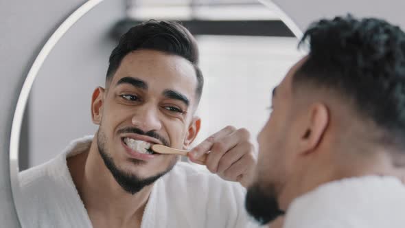 Male Reflection in Mirror in Bath Bearded 30s Man Bearded Guy Boy Brushing Healthy Teeth with