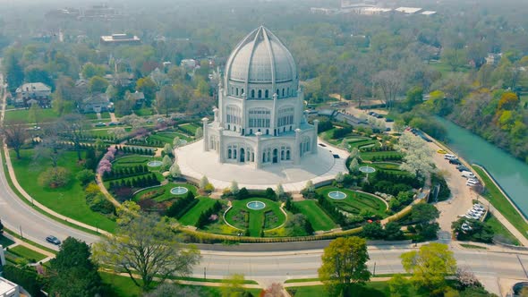 Aerial View on Top House of Worship Bahai Shcho in Front of Chicago to the State of Illinois