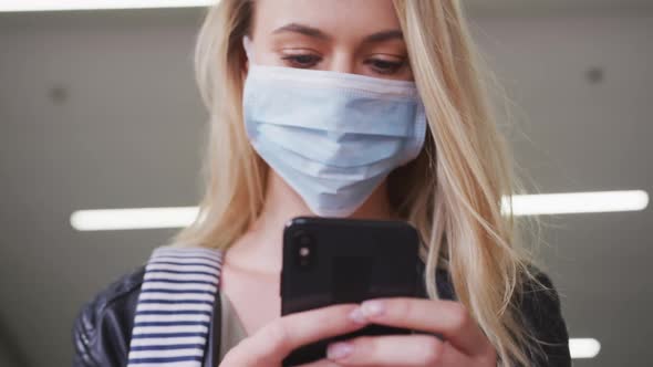 Caucasian woman wearing a coronavirus Covid19 mask