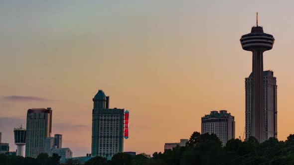 Dazzling time lapse of the Niagara skyline on the Canadian side at sunset. Sky turns from light to d