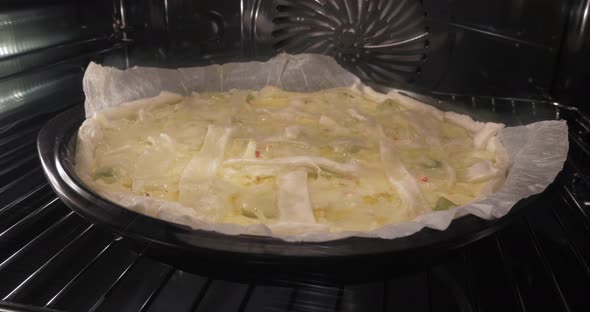 Timelapse shot of a flan baking in the oven.