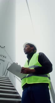 A Man in a Work Uniform is Diagnosing a Wind Turbine Using a Digital Tablet