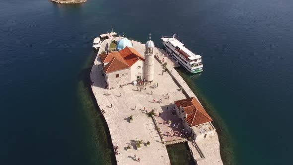 Drone View of the Square in Front of the Church of Our Lady of the Rocks