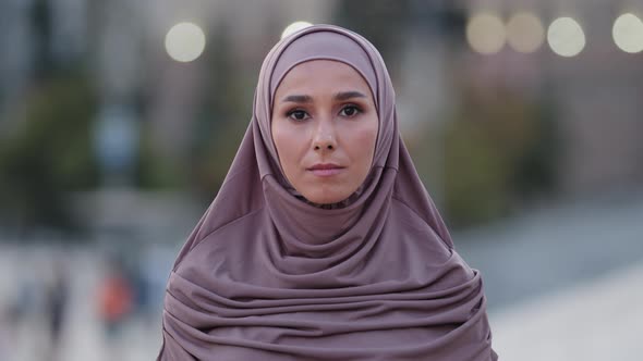 Close Up Sad Upset Muslim Woman Beautiful Young Islamic Girl Arabian Lady in Hijab Stands in City