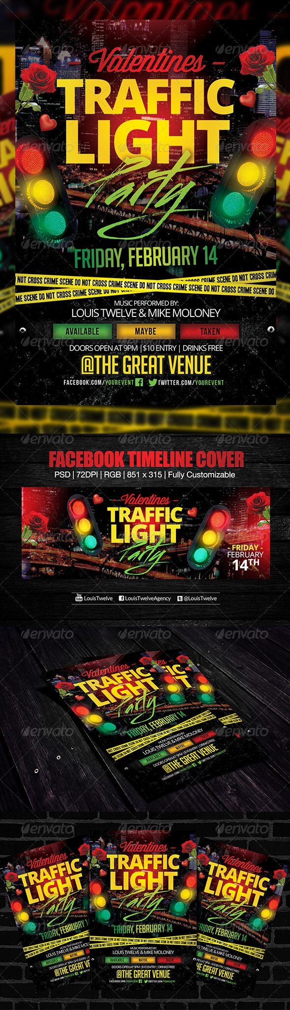 Valentines Traffic Light Party Flyer + FB Cover