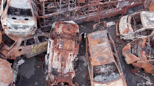 Irpin Bucha District Ukraine a Dump of Shot and Burned Cars