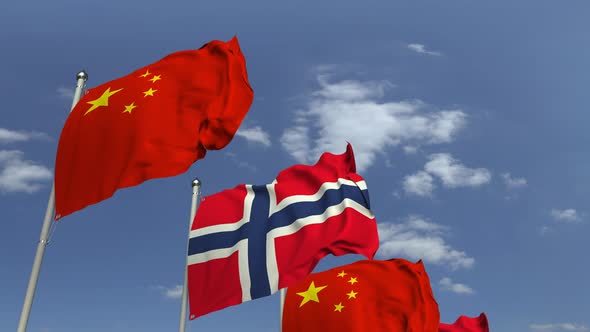 Flags of Norway and China at International Meeting