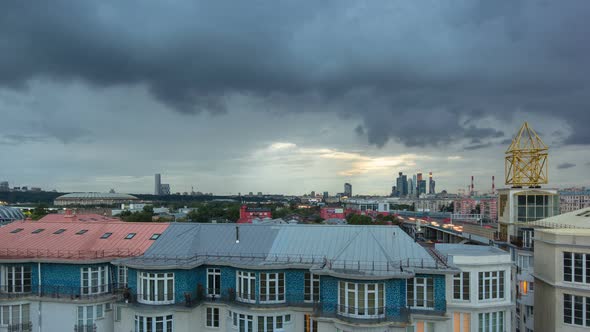 Russia, Moscow Cityscape Timelapse. View From the Roof of a House in the Central Part of the City.