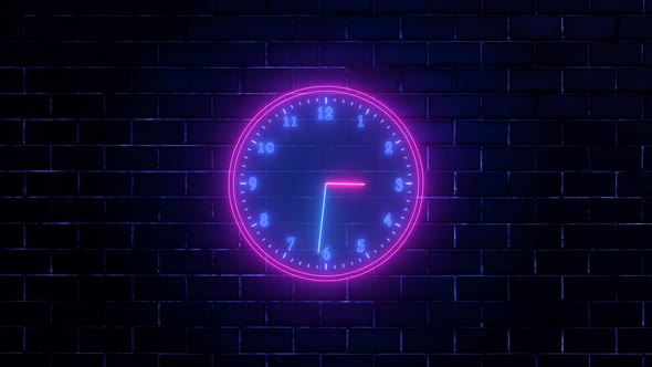 Blue Pink Neon Light Analog Clock Isolated Animated On Wall Background