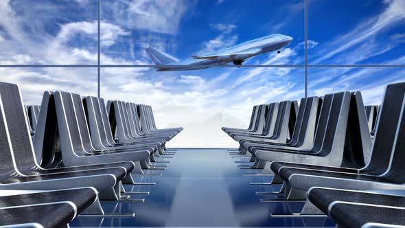 Large Passenger Airplane Taking off against Blue Cloudscape as Seen from Departure Hall alt