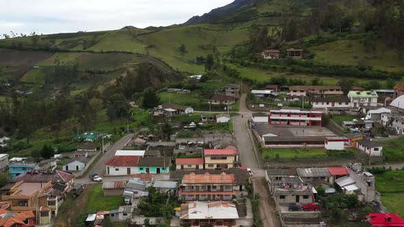 Aerial view that slowly goes upwards to show more of a small andean mountain village