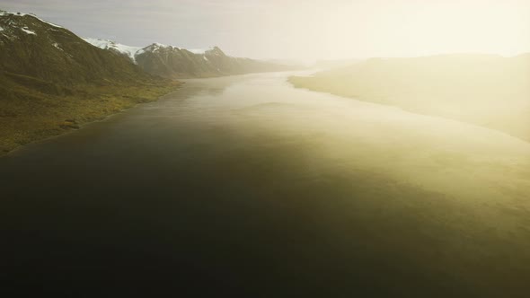 Sunset Aerial Panoramic View on Stunning Mountains of Norway