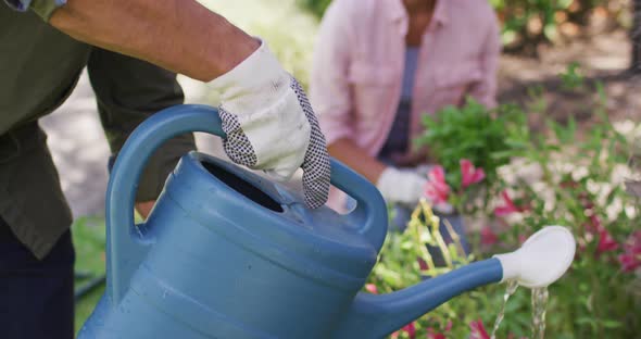 Happy biracial woman gardening, planting flower while her partner watering plants