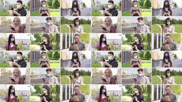 Compilation  Group of Multicultural People with Face Mask Works on Smartphones