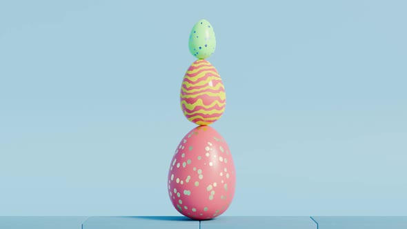 Looped Satisfying Video of Colourful Easter Eggs Rolling and Balancing on Blue Background