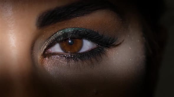 Girl with an Evening Make Up Opens and Closes His Eyes. Close Up