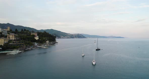 Epic FPV Drone Shot Of Santa Margherita Ligure With Blue Water And Sky.