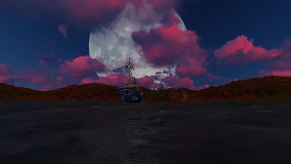 Panorama of full moon and red clouds at night