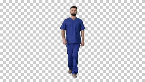 Serious male surgeon with a beard walking, Alpha Channel