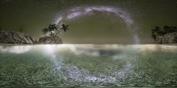 VR 360 Beautiful Fantasy Tropical Beach with Milky Way Star in Night Skies