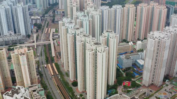 Aerial view of flying over Hong Kong city