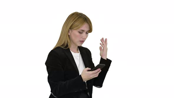 Fail Loss Frustrated Woman Using Smartphone on White Background