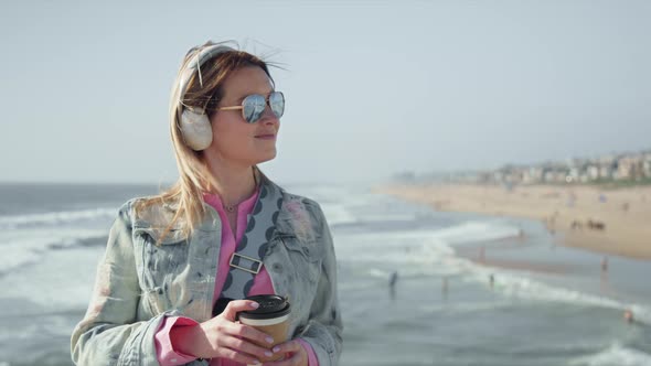 Portrait of Gorgeous Woman on Ocean Pier Enjoying Life at Nature Landscape 8K