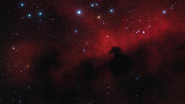 Spaceship Flies Near Red Nebula in Space