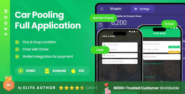 2 Apps | Ride Sharing Full Application | Carpooling, Bike Pooling & Car Sharing App | Vroom