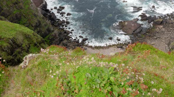 A slow tilting shot, revealing a rocky bay with waves crashing against rocks and a tall sea cliff in