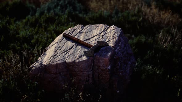 War Ax for Viking on the Rock at Sunset