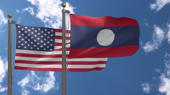 Usa Flag Vs Laos Flag On Flagpole