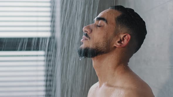 Portrait Arab Spaniard Indian Young Handsome Manly Wet Man Bearded Brunette Guy Washes in Shower