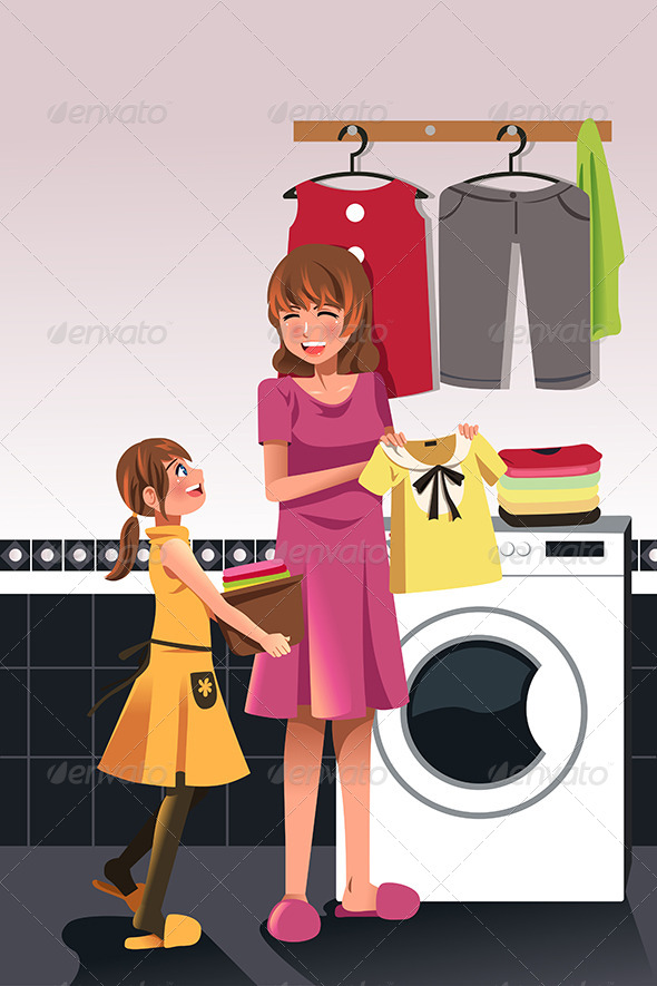 Mother Daughter doing Laundry