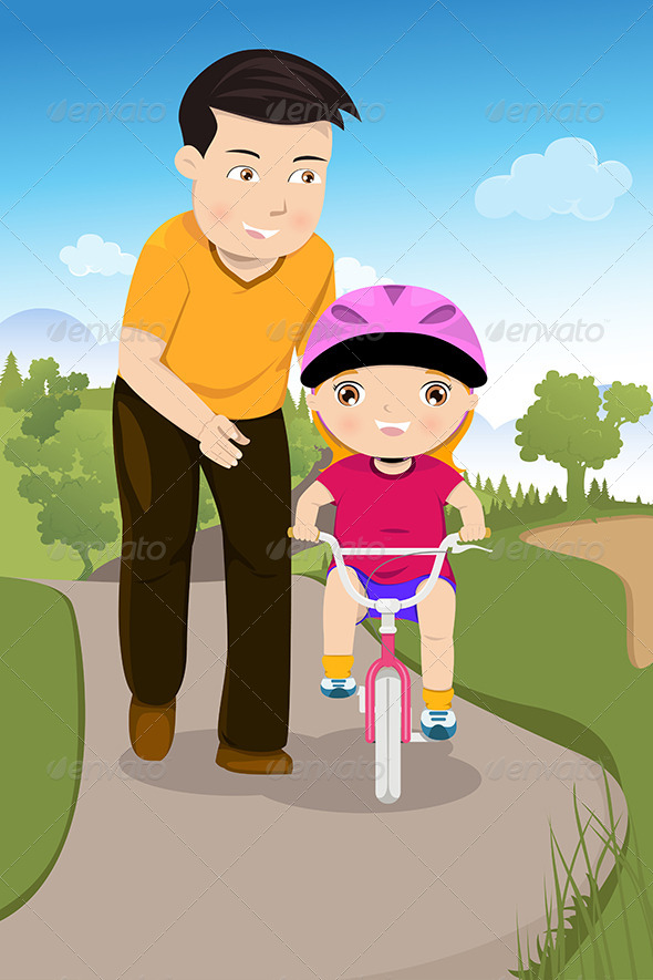 Father Teaching his Daughter Riding a Bike