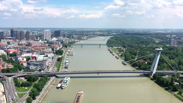 Aerial view of boat transport in Bratislava in Slovakia