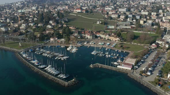 Aerial of beautiful small harbor in Pully, Switzerland