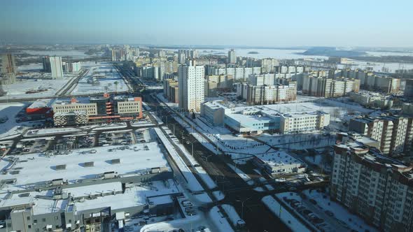 City quarters. Multi-story houses. Winter cityscape.