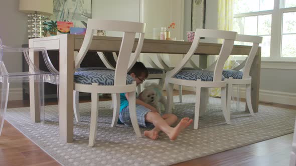 a little boy chases his pet dog out from under the dining room table