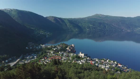 Overview of Vaksdal, Boge, Langhelle and Sandvik. Beautiful sunny day showing the fjord, town centre