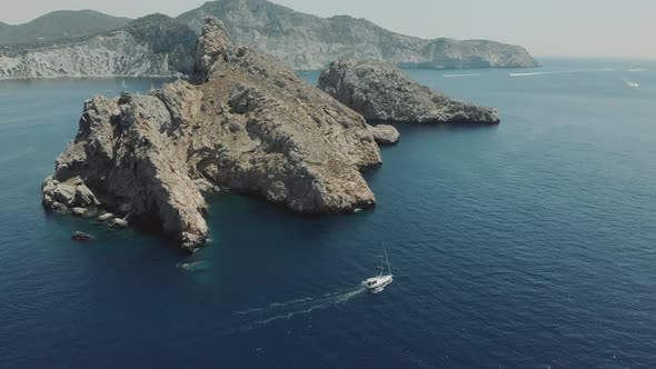 Aerial View of Yacht Near Ibiza Es Vedra and Vedranell Islands