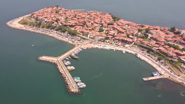 Aerial view of the ancient town of Nessebar located by the Black Sea coast in Bulgaria.