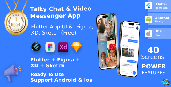 Chat & Video Messenger App ANDROID + IOS + FIGMA + XD + Sketch | UI Kit | Flutter | Talky