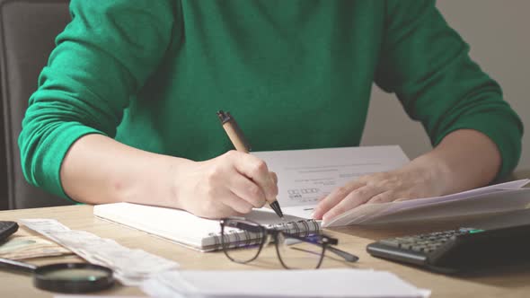 Unrecognizable Female Hands Writing Budget Numbers Notes Home Utility Bills