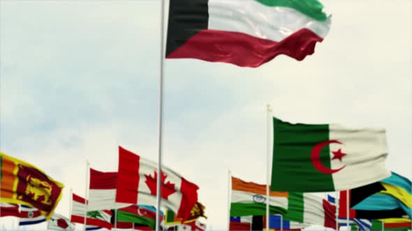 Kuwait Flag With World Globe Flags Morning Shot