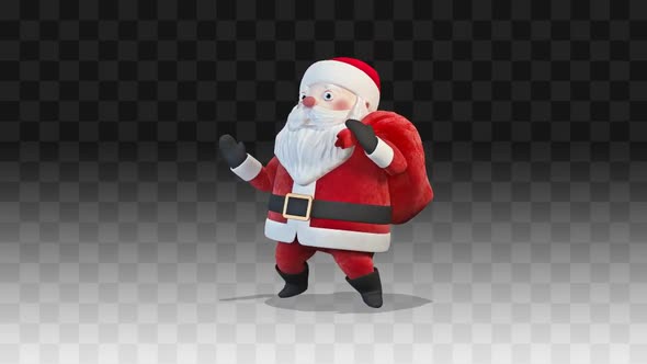 Santa Claus Dancing A Funny Dance Around Him With A Bag Of Gifts