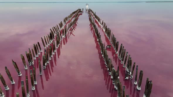 Pink Lake with Therapeutic Mud Ungraded  Footage on Sunset, Air Drone View